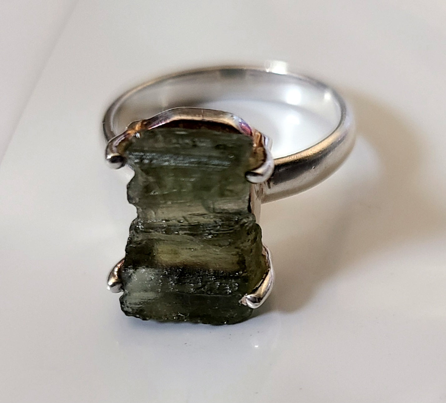 Authentic Rough Moldavite Ring in Sterling Silver (Size 6 US)