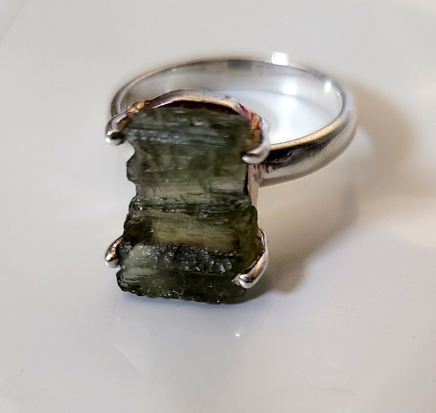 Authentic Rough Moldavite Ring in Sterling Silver (Size 6 US)