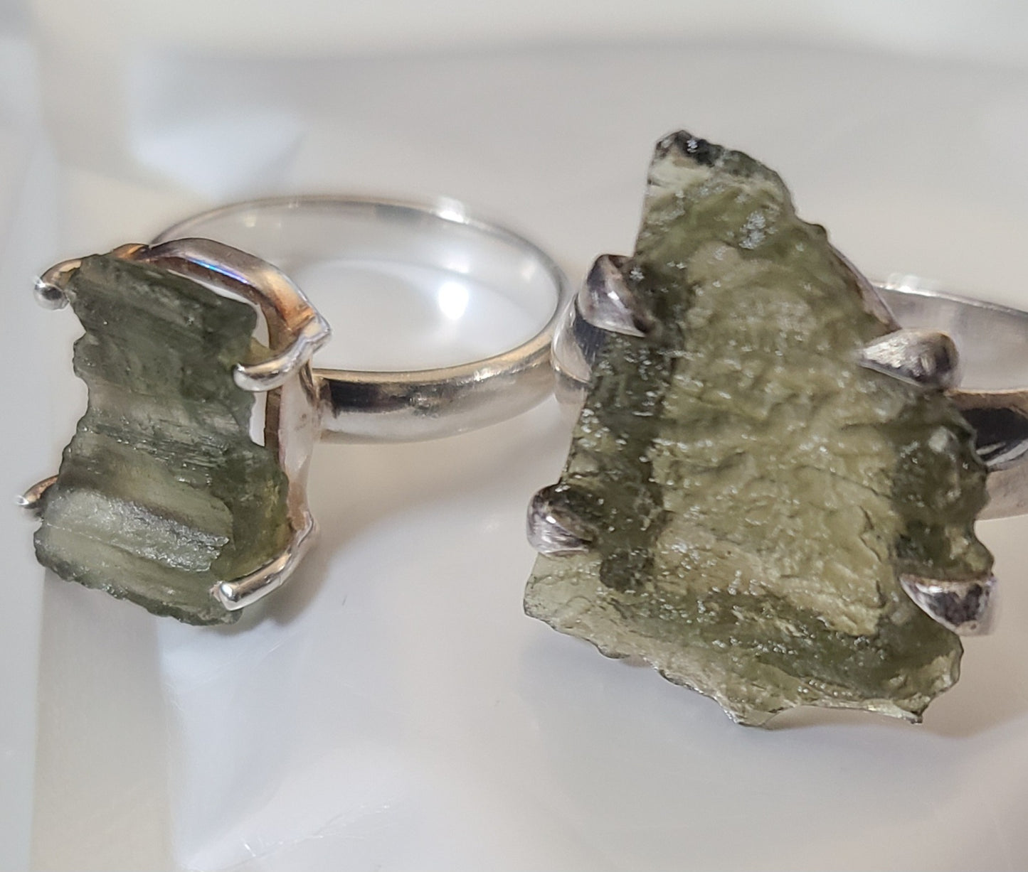 Triangular Rough Authentic Moldavite Ring in Sterling Silver