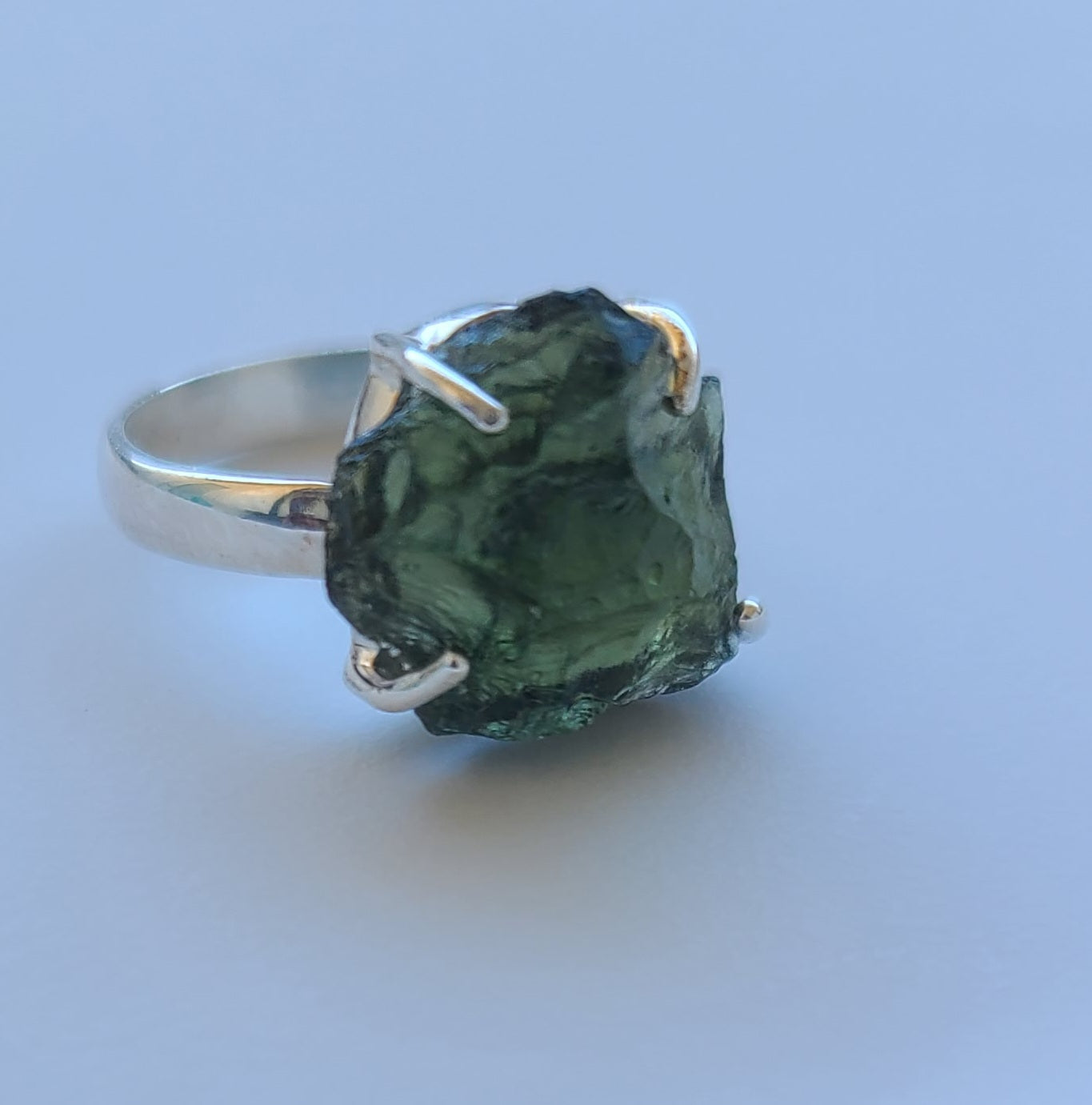 Rough Authentic Moldavite Ring in Sterling Silver (Size 8)