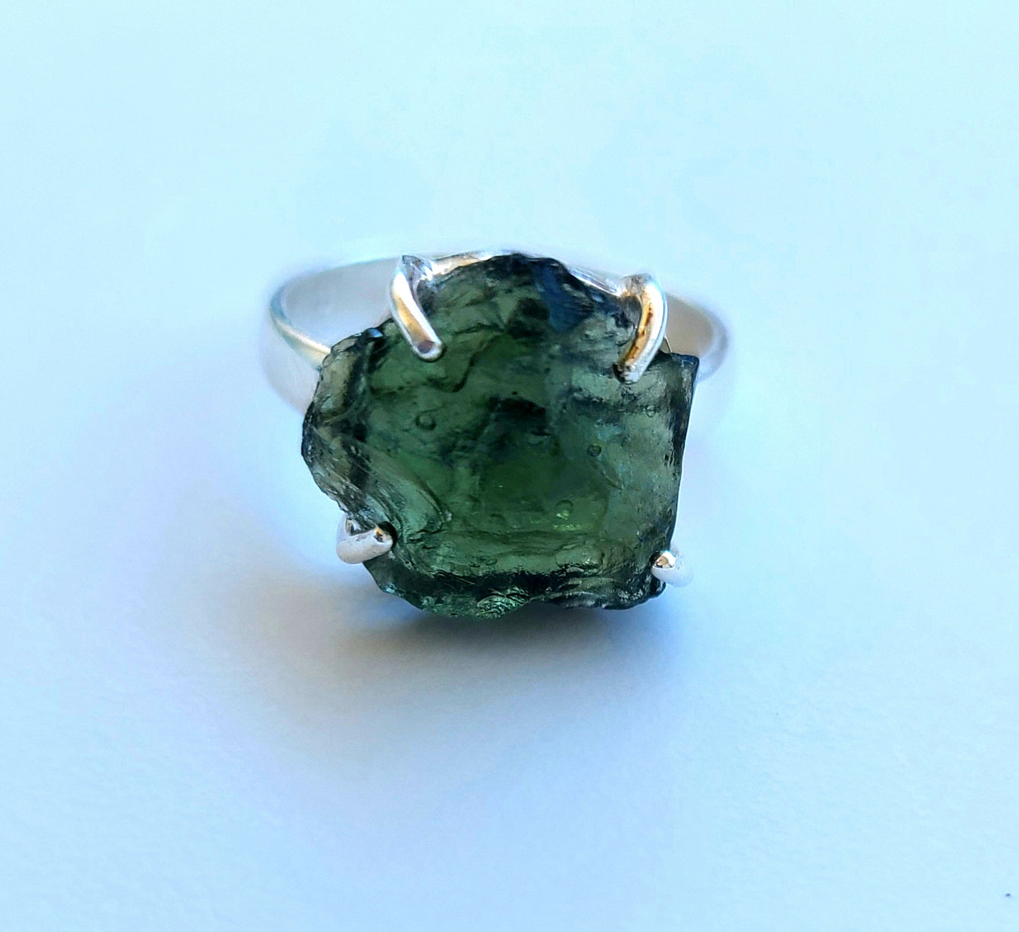 Rough Authentic Moldavite Ring in Sterling Silver (Size 8)
