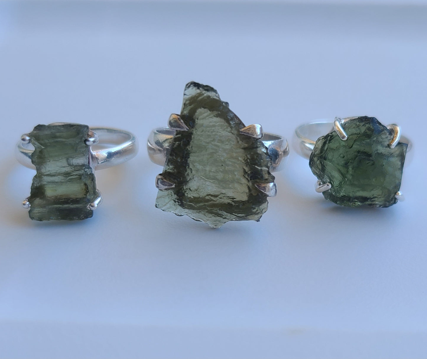 Triangular Rough Authentic Moldavite Ring in Sterling Silver