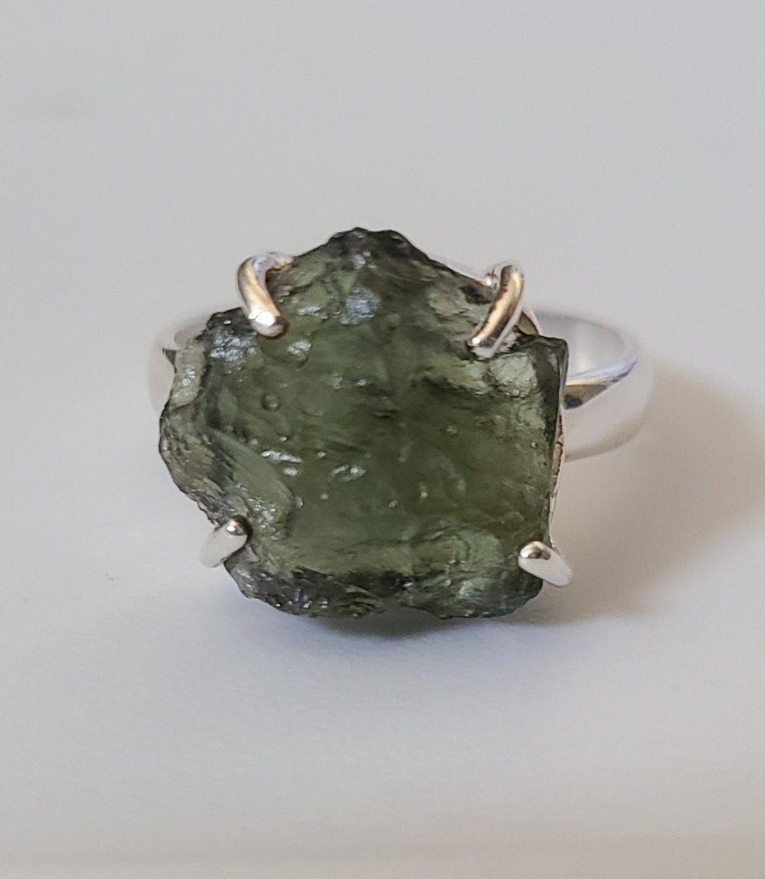 Rough Authentic Moldavite Ring in Sterling Silver (Size 8)