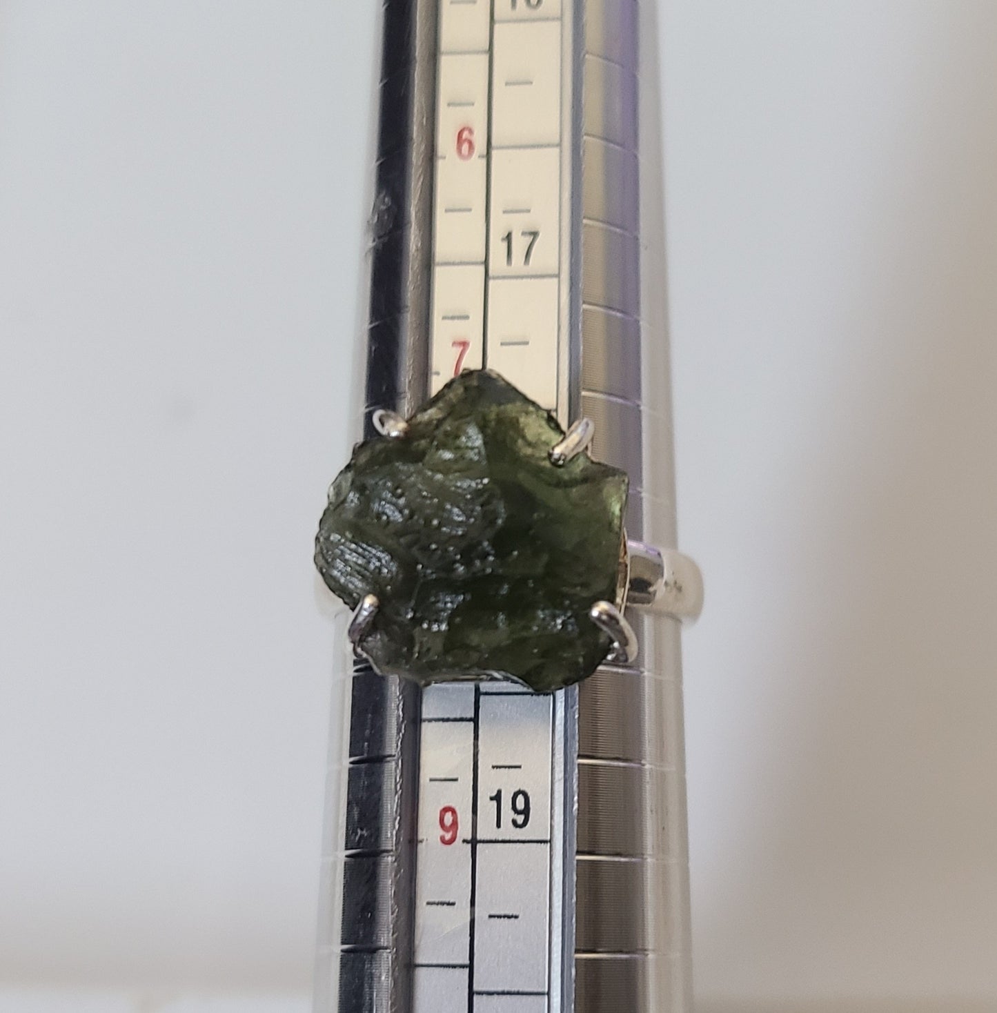 Rough Authentic Moldavite Ring in Sterling Silver (Size 8)