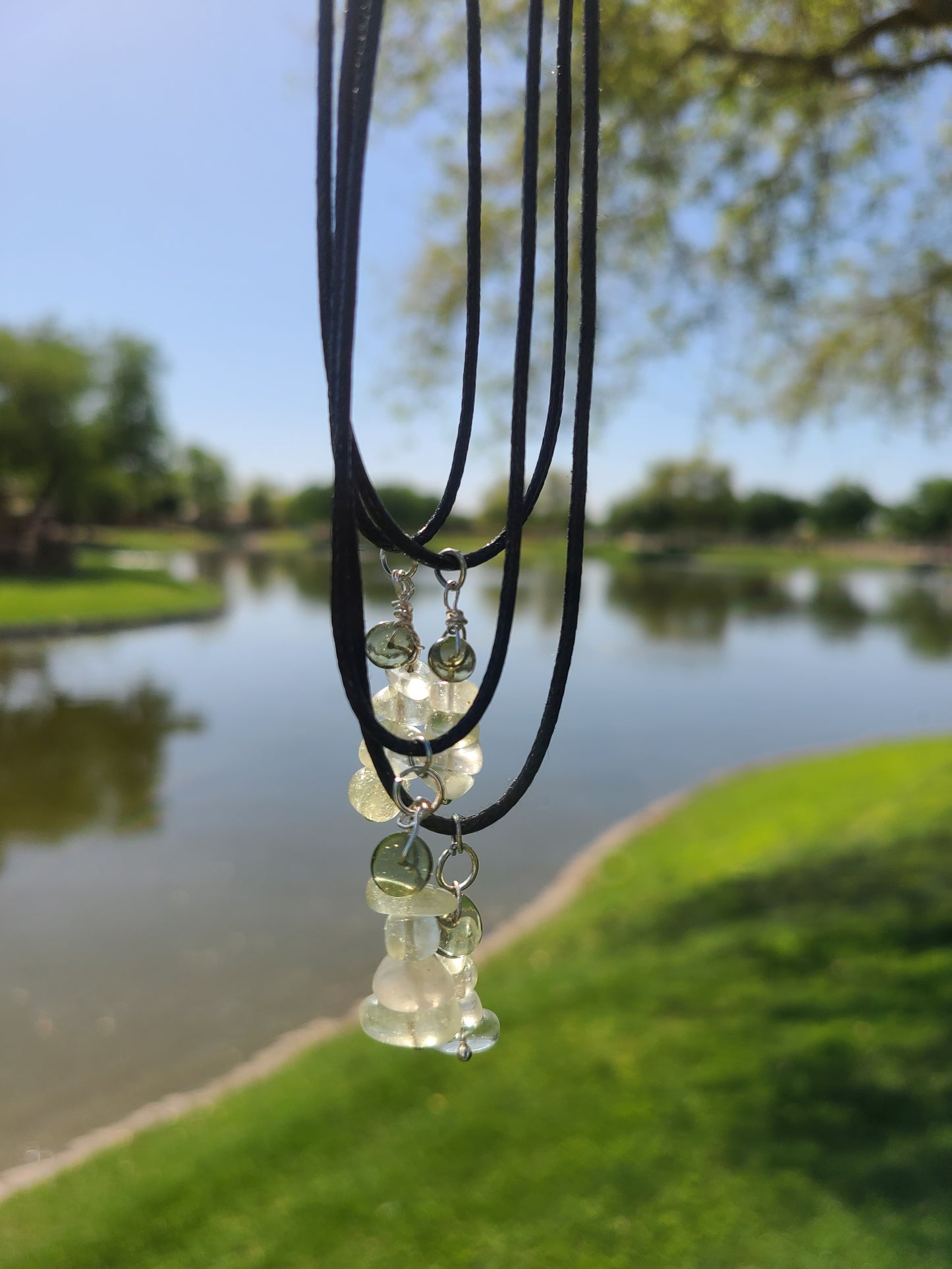 Moldavite and Libyan Desert Glass Charm on a Waxed Cotton Cord