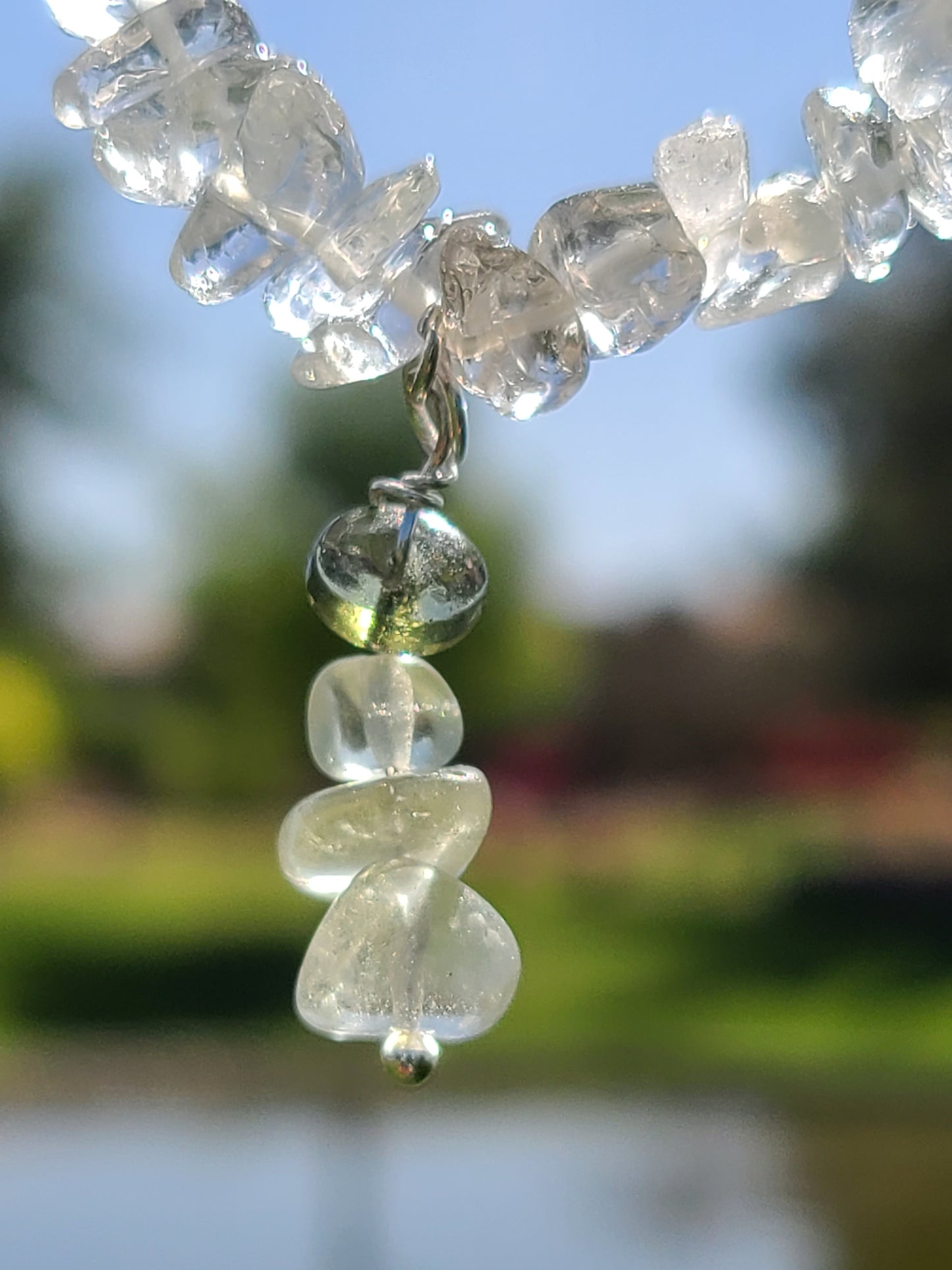 Moldavite and Libyan Desert Glass Charm on a Quartz Bracelet
