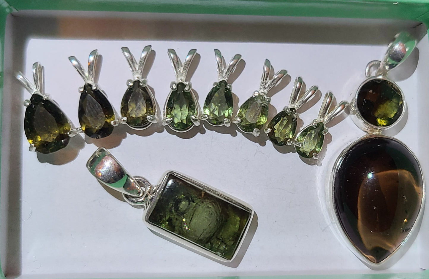 Polished Moldavite Rectangular Pendant on Sterling Silver