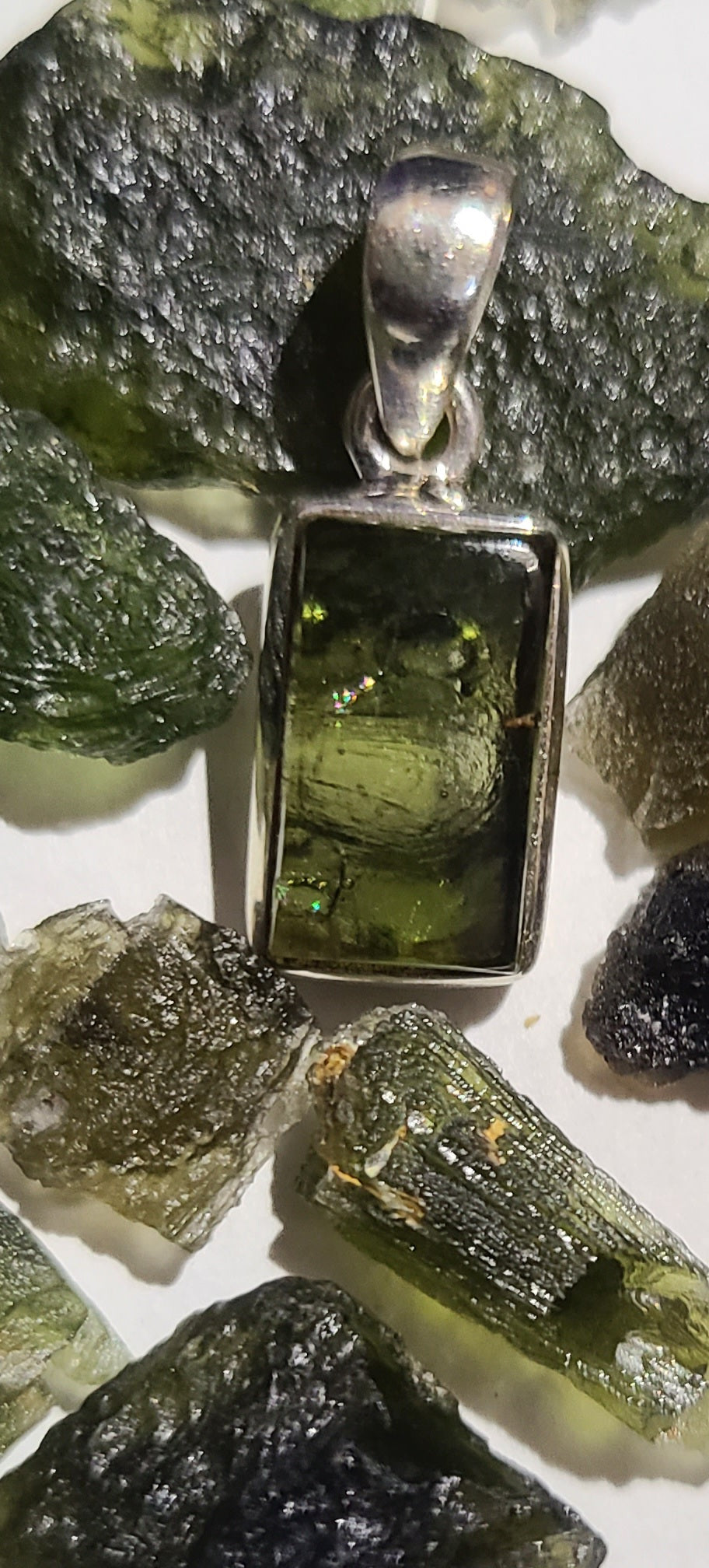 Polished Moldavite Rectangular Pendant on Sterling Silver