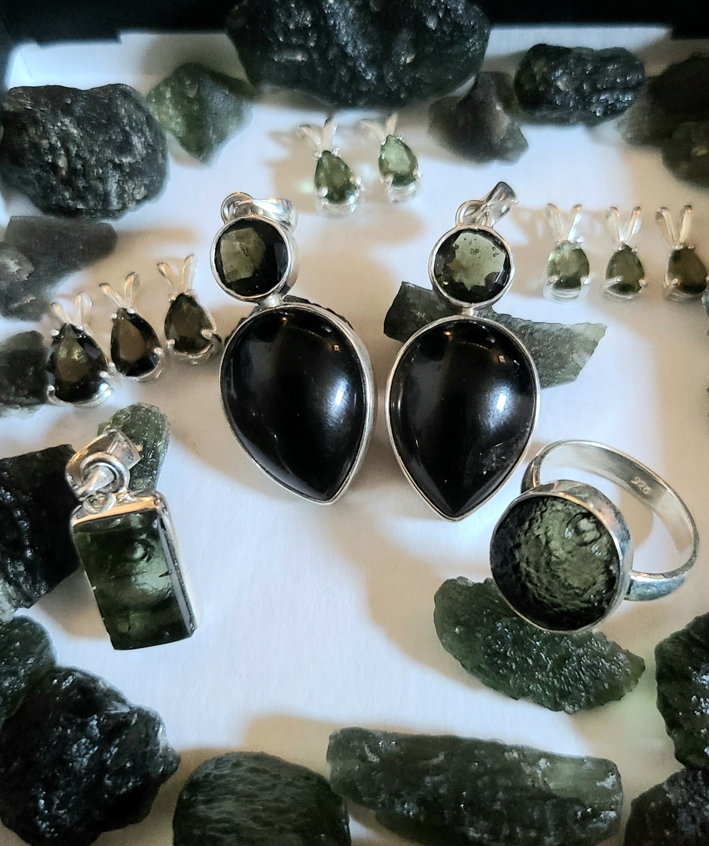 Polished Moldavite Rectangular Pendant on Sterling Silver