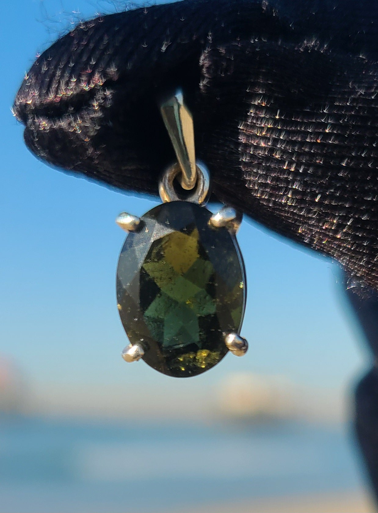 5+ Carat Faceted Moldavite Pendant in Sterling Silver