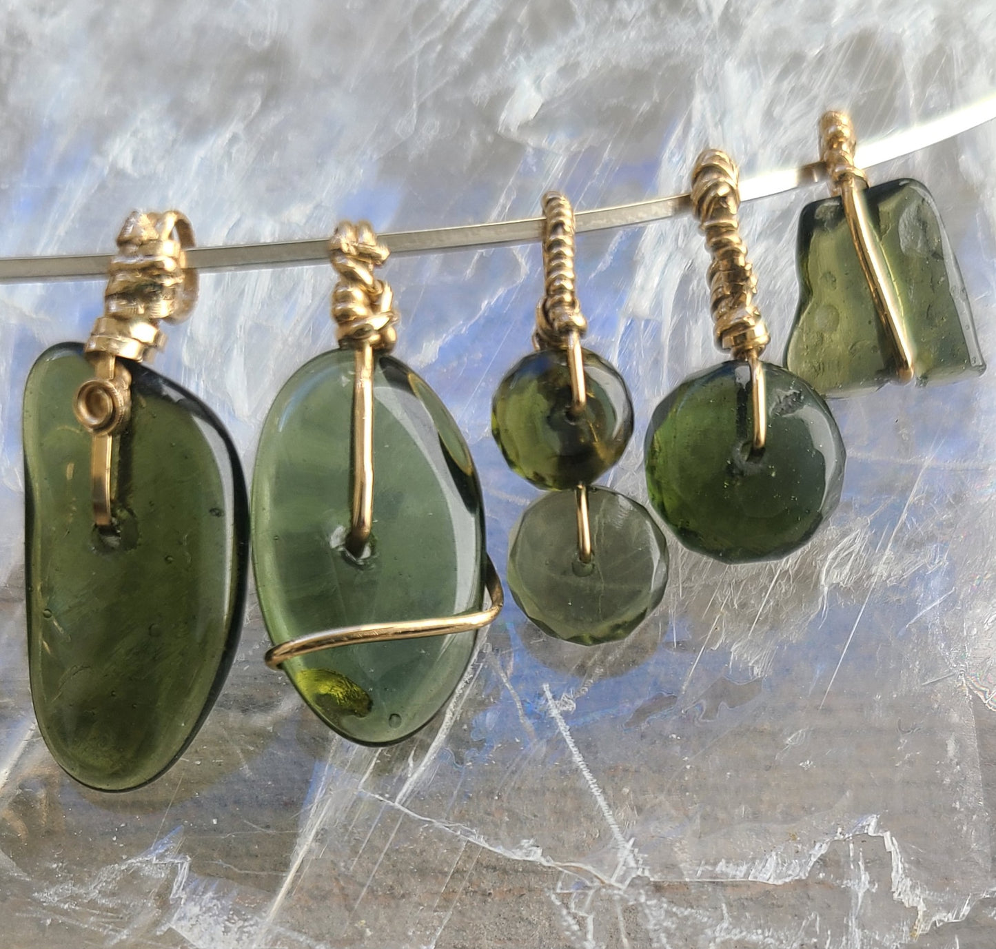 Polished Moldavite Bead Pendant on Gold-Filled Wire