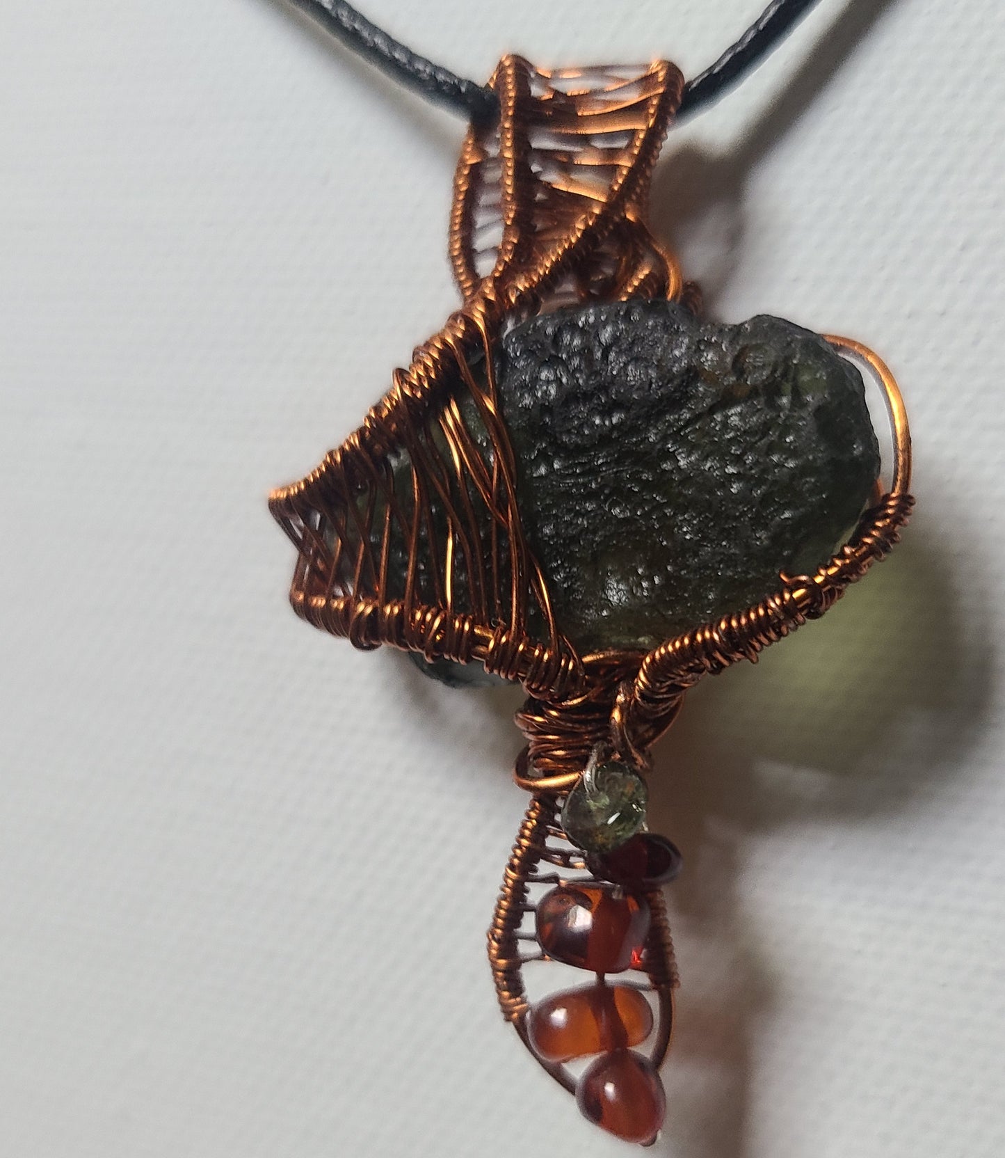 Moldavite Mushroom Pendant with Baltic Amber/Moldavite bead stem charm