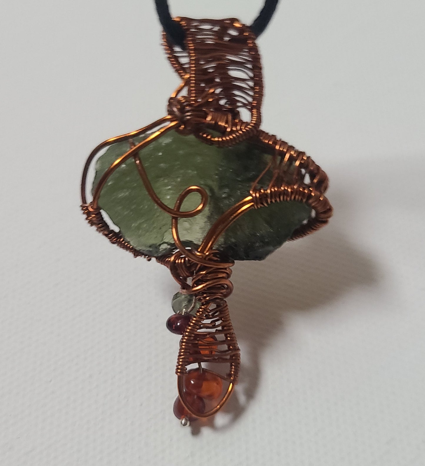 Moldavite Mushroom Pendant with Baltic Amber/Moldavite bead stem charm