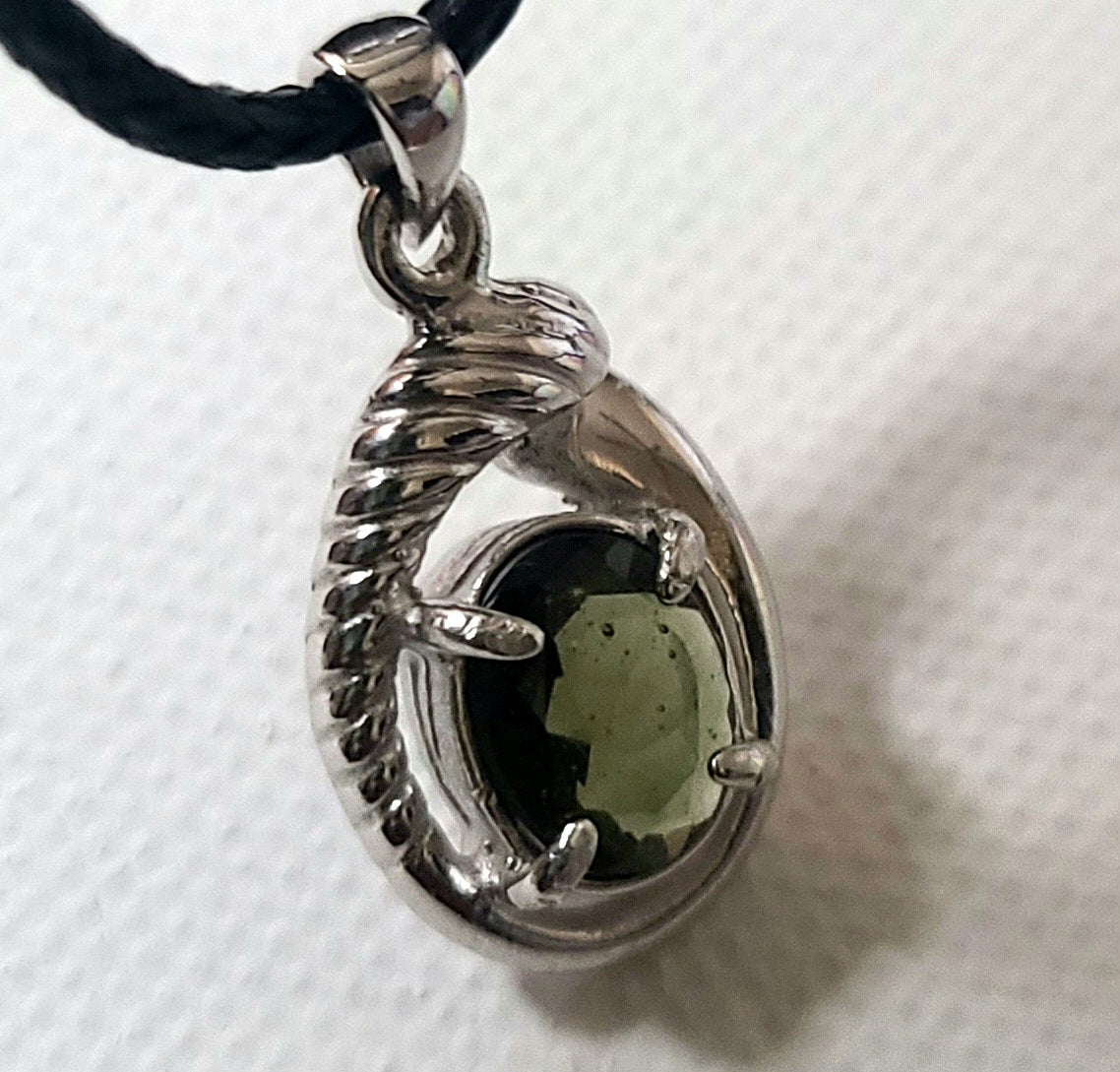 Authentic Bulky Faceted Moldavite Pendant in Sterling Silver