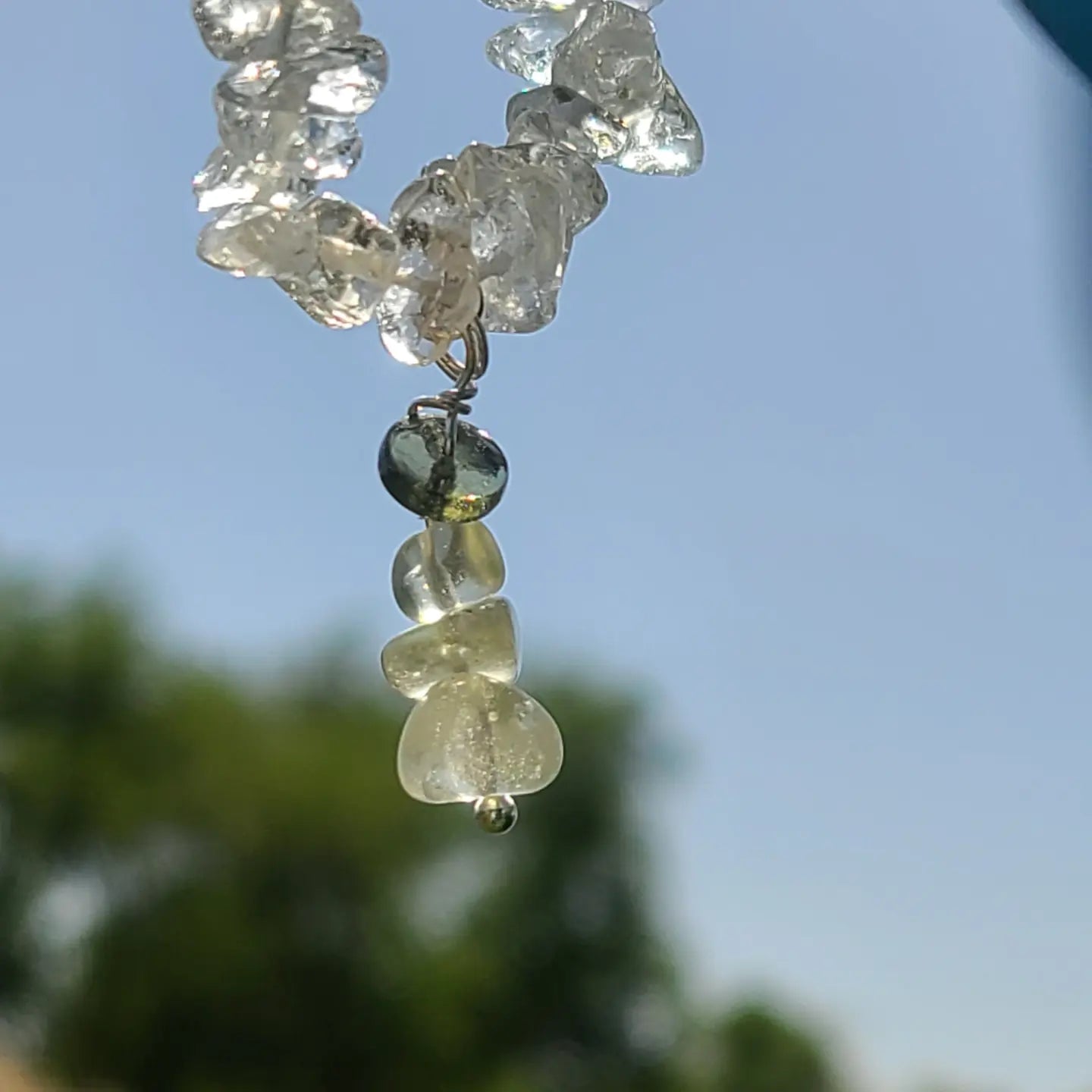 Moldavite and Libyan Desert Glass Charm on a Quartz Bracelet