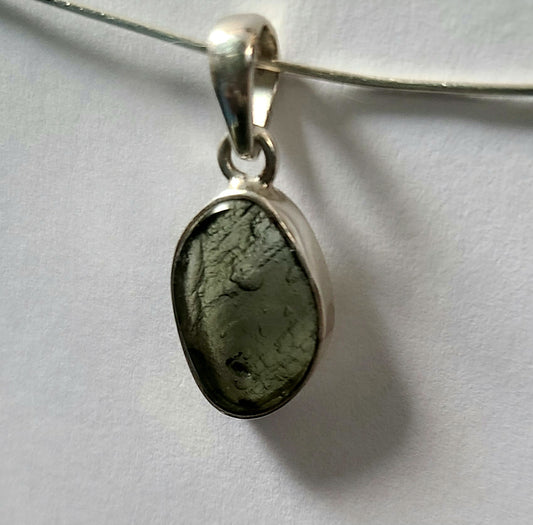 Oval Polished Moldavite Pendant in Sterling Silver