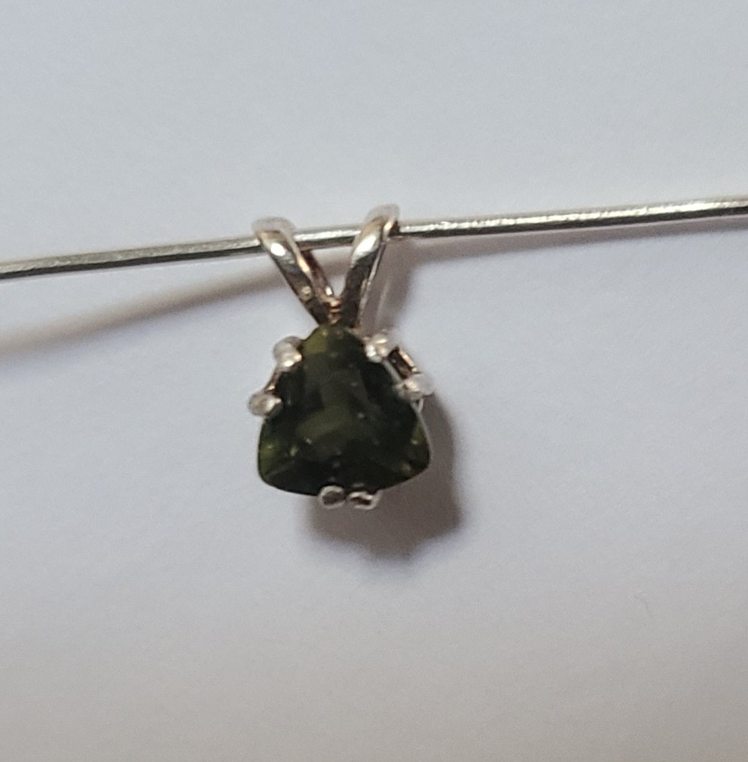 Triangular Faceted Moldavite Pendant in Sterling Silver