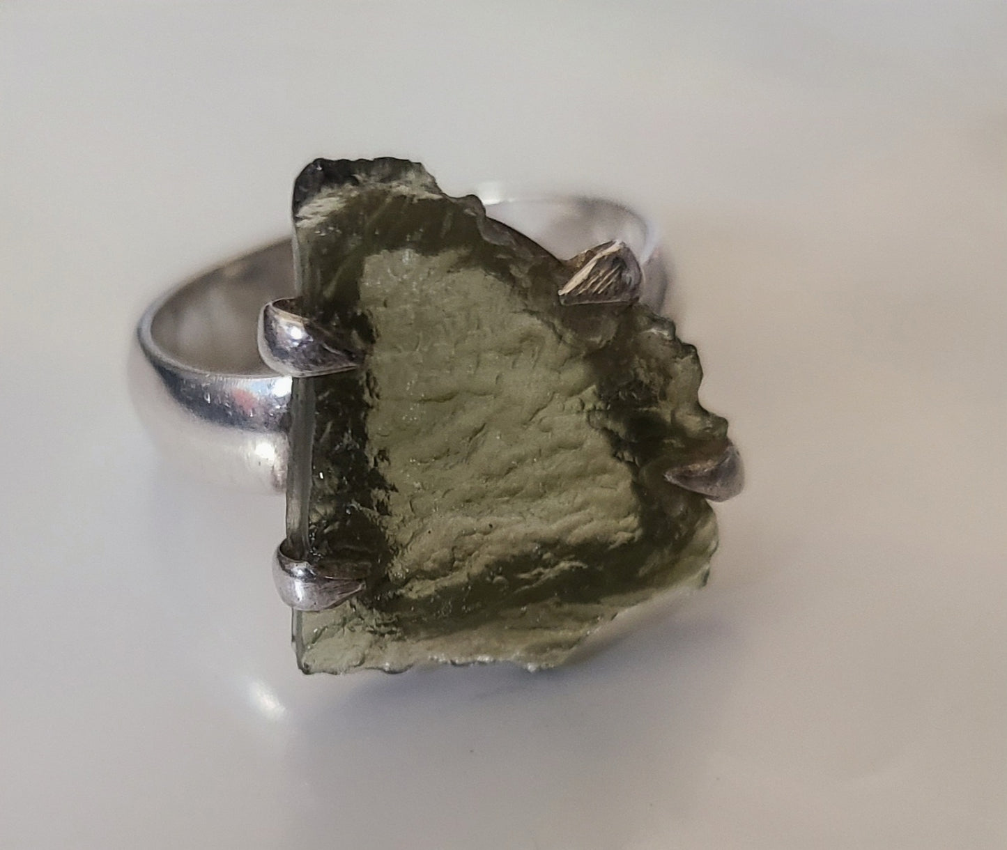Triangular Rough Authentic Moldavite Ring in Sterling Silver