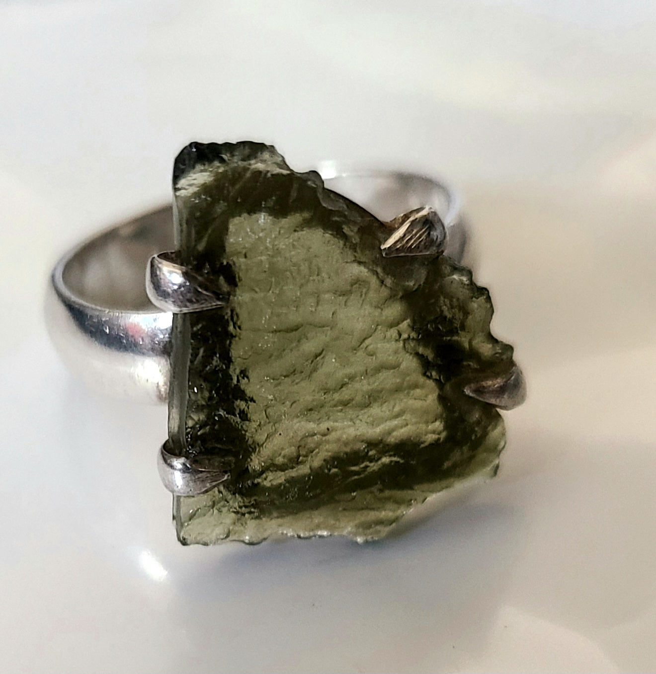 Triangular Rough Authentic Moldavite Ring in Sterling Silver
