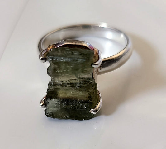 Authentic Rough Moldavite Ring in Sterling Silver (Size 6 US)