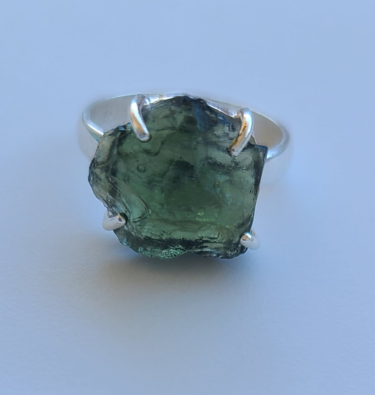 Rough Authentic Moldavite Ring in Sterling Silver (Size 8)