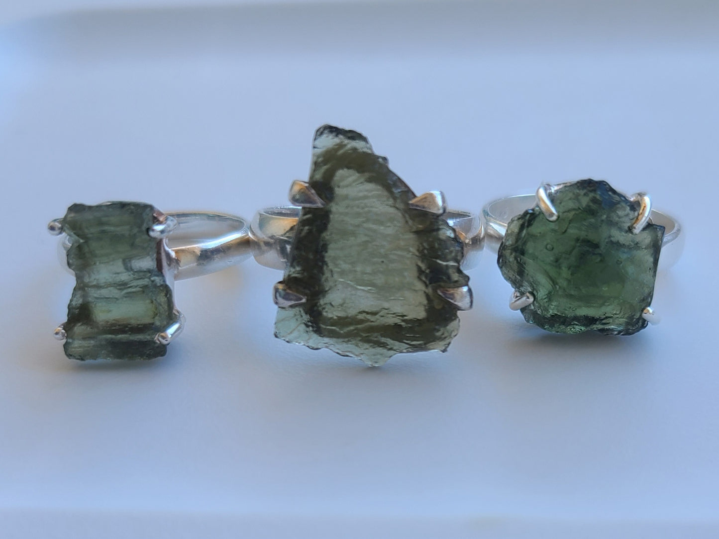Rough Authentic Moldavite Ring in Sterling Silver (Size 8)