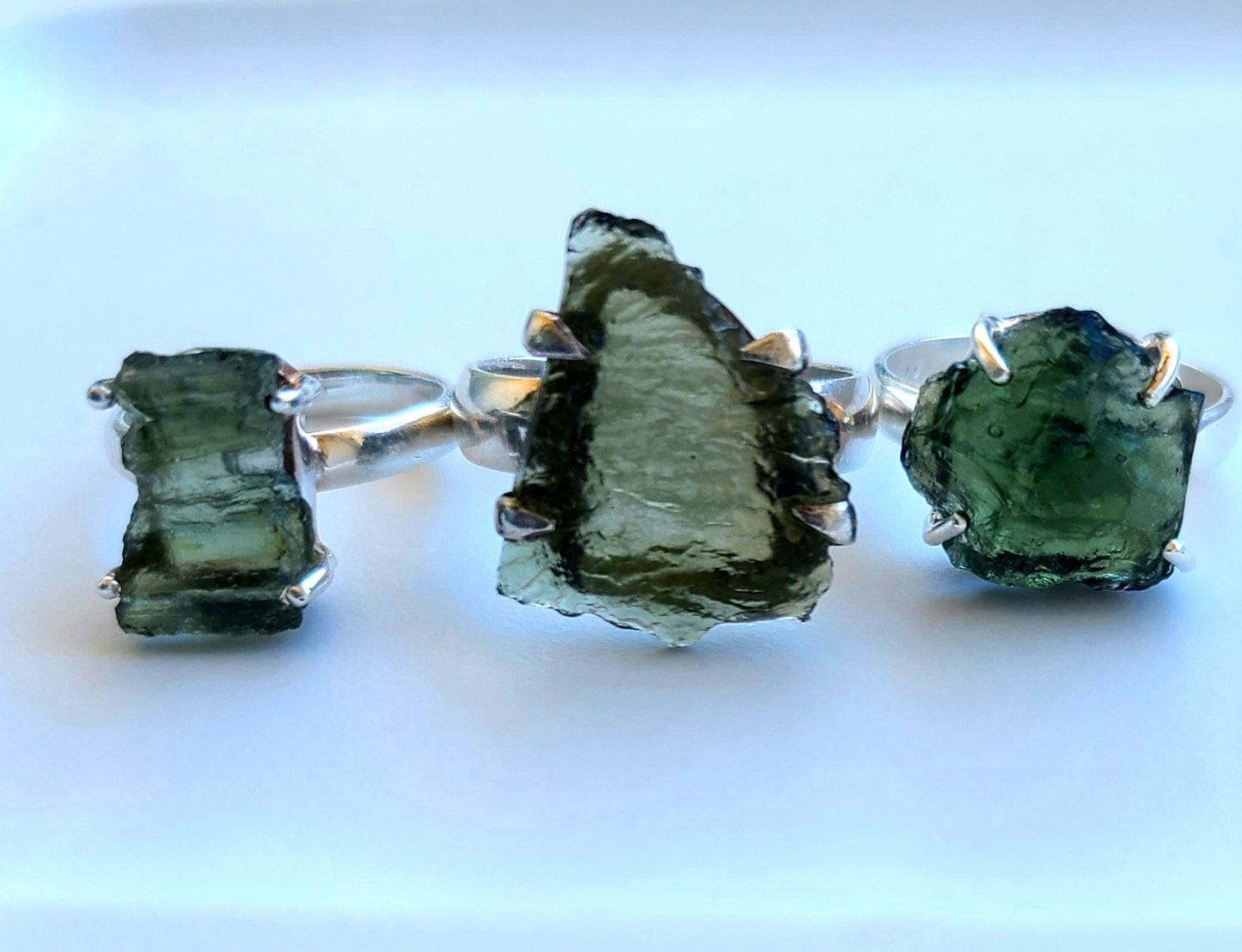 Rough Authentic Moldavite Ring in Sterling Silver (Size 8)