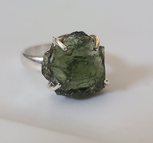 Rough Authentic Moldavite Ring in Sterling Silver (Size 8)