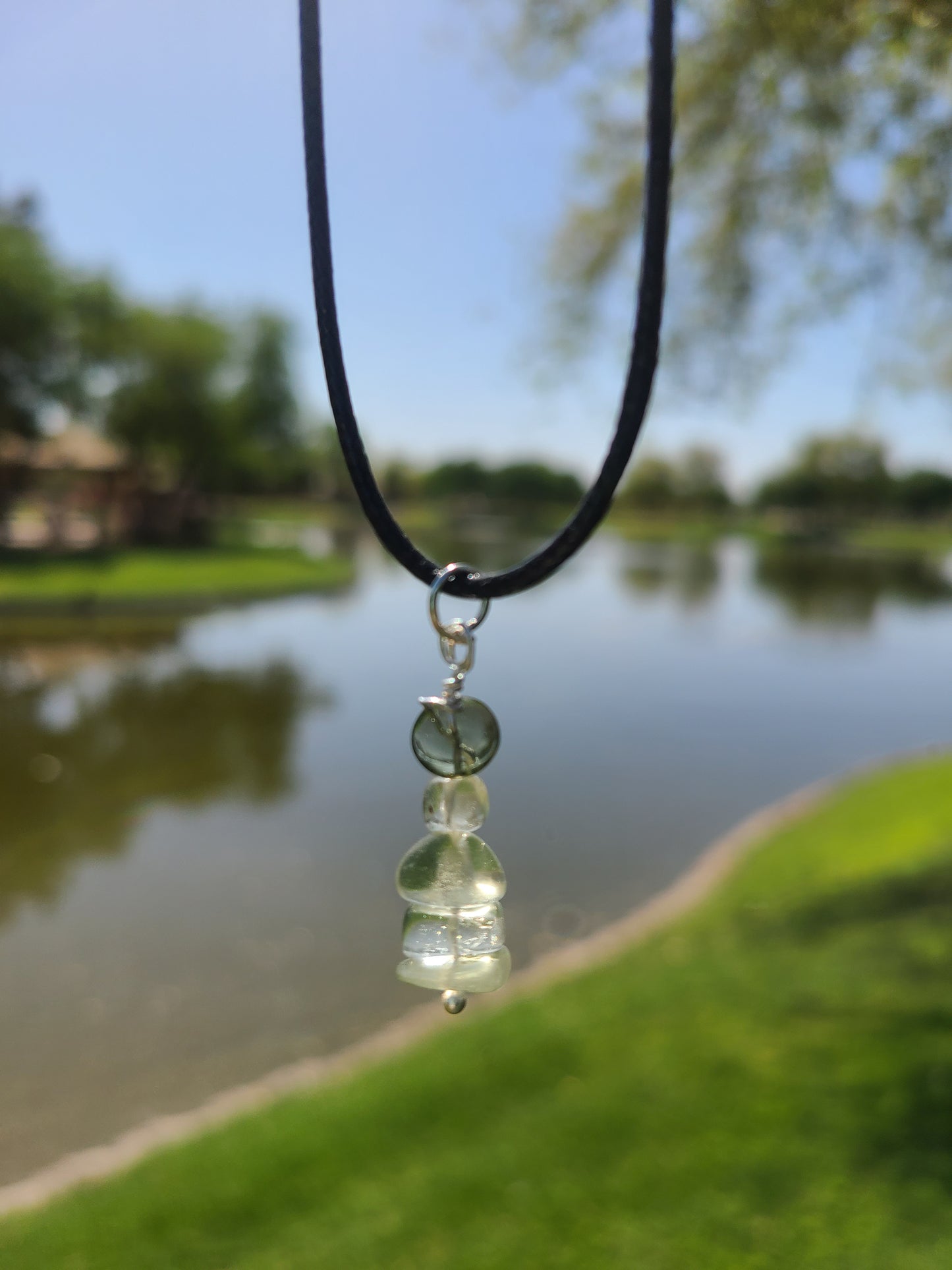 Moldavite and Libyan Desert Glass Charm on a Waxed Cotton Cord