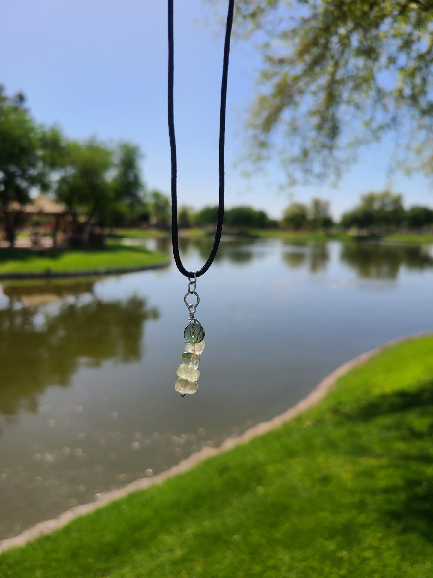 Moldavite and Libyan Desert Glass Charm on a Waxed Cotton Cord
