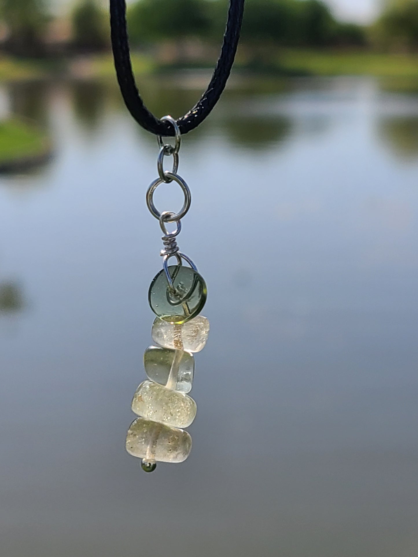 Moldavite and Libyan Desert Glass Charm on a Waxed Cotton Cord