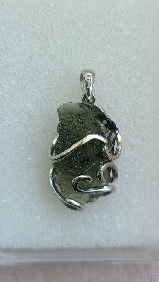 3.20g Rough Moldavite Pendant in Sterling Silver