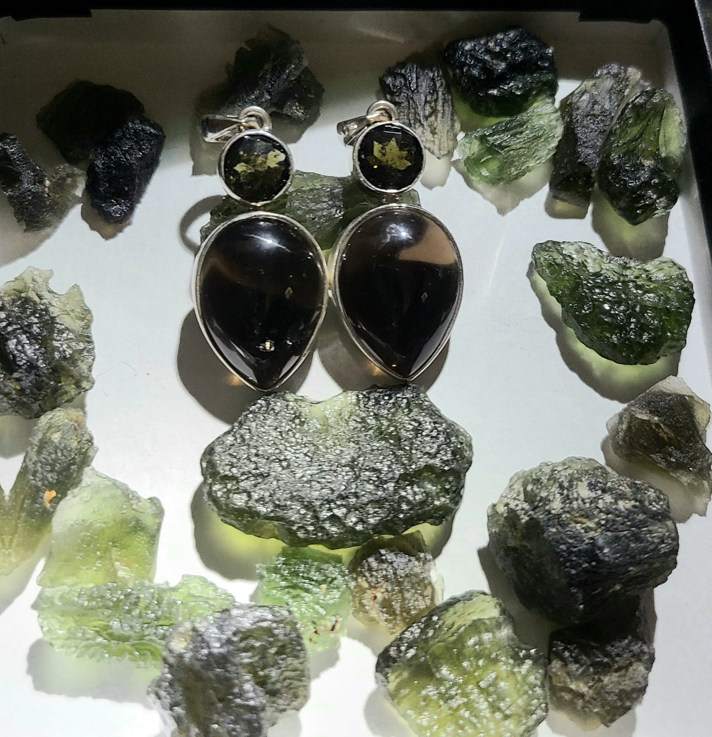 Faceted Moldavite and Smokey Quartz Pendant