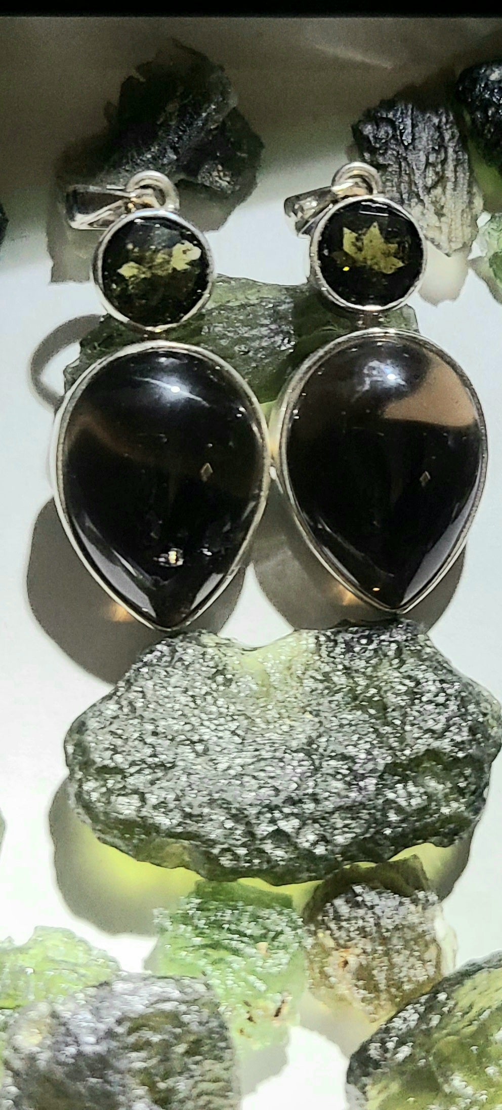 Faceted Moldavite and Smokey Quartz Pendant