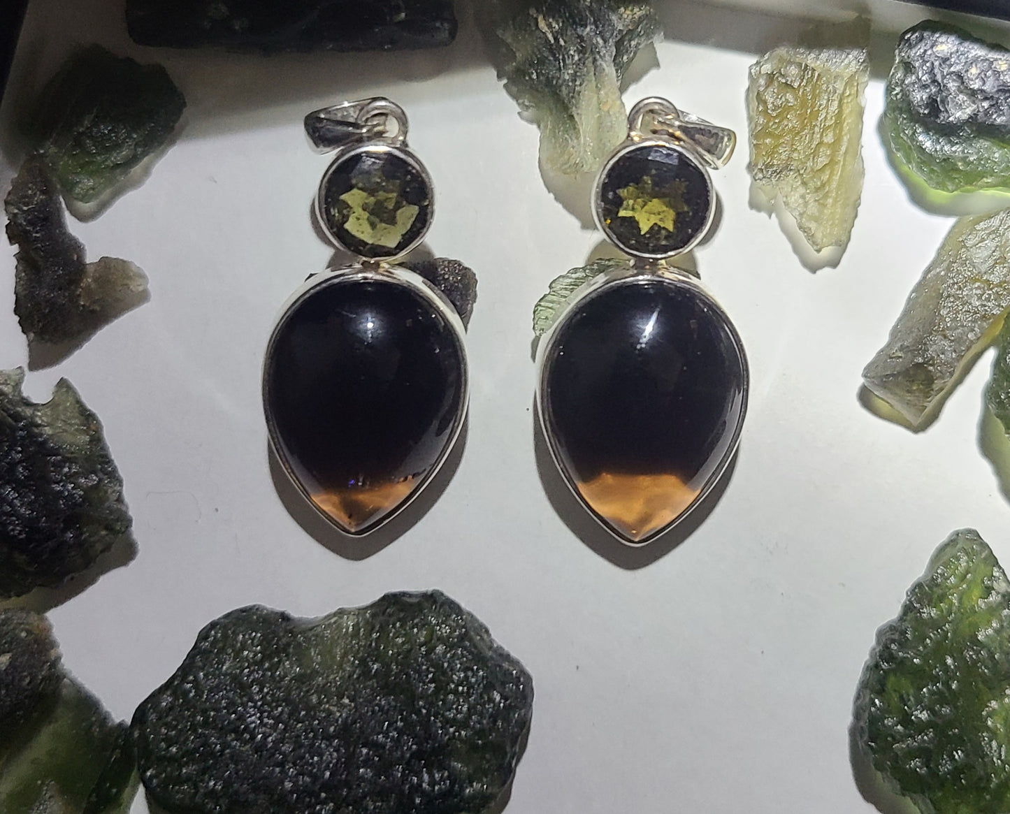 Faceted Moldavite and Smokey Quartz Pendant