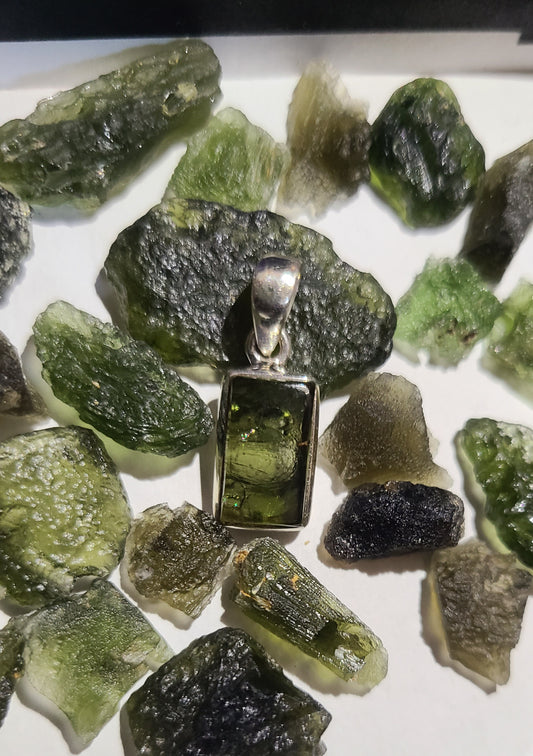 Polished Moldavite Rectangular Pendant on Sterling Silver