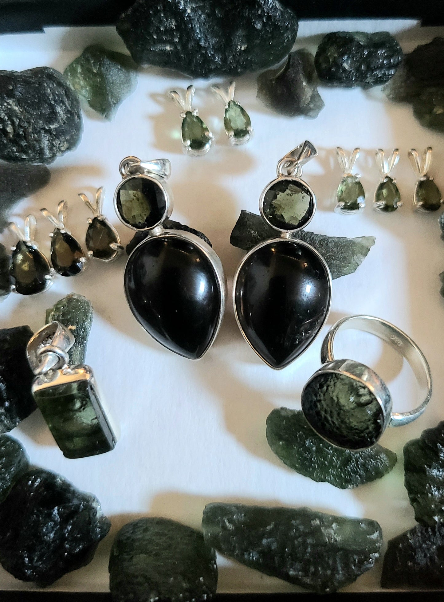 Faceted Moldavite and Smokey Quartz Pendant