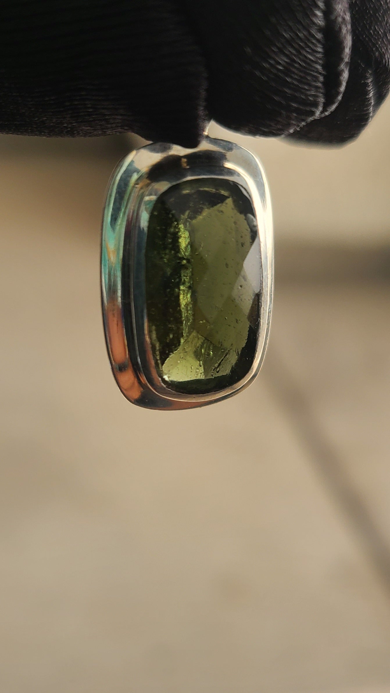 11+ Carat Faceted Moldavite Pendant in Sterling Silver