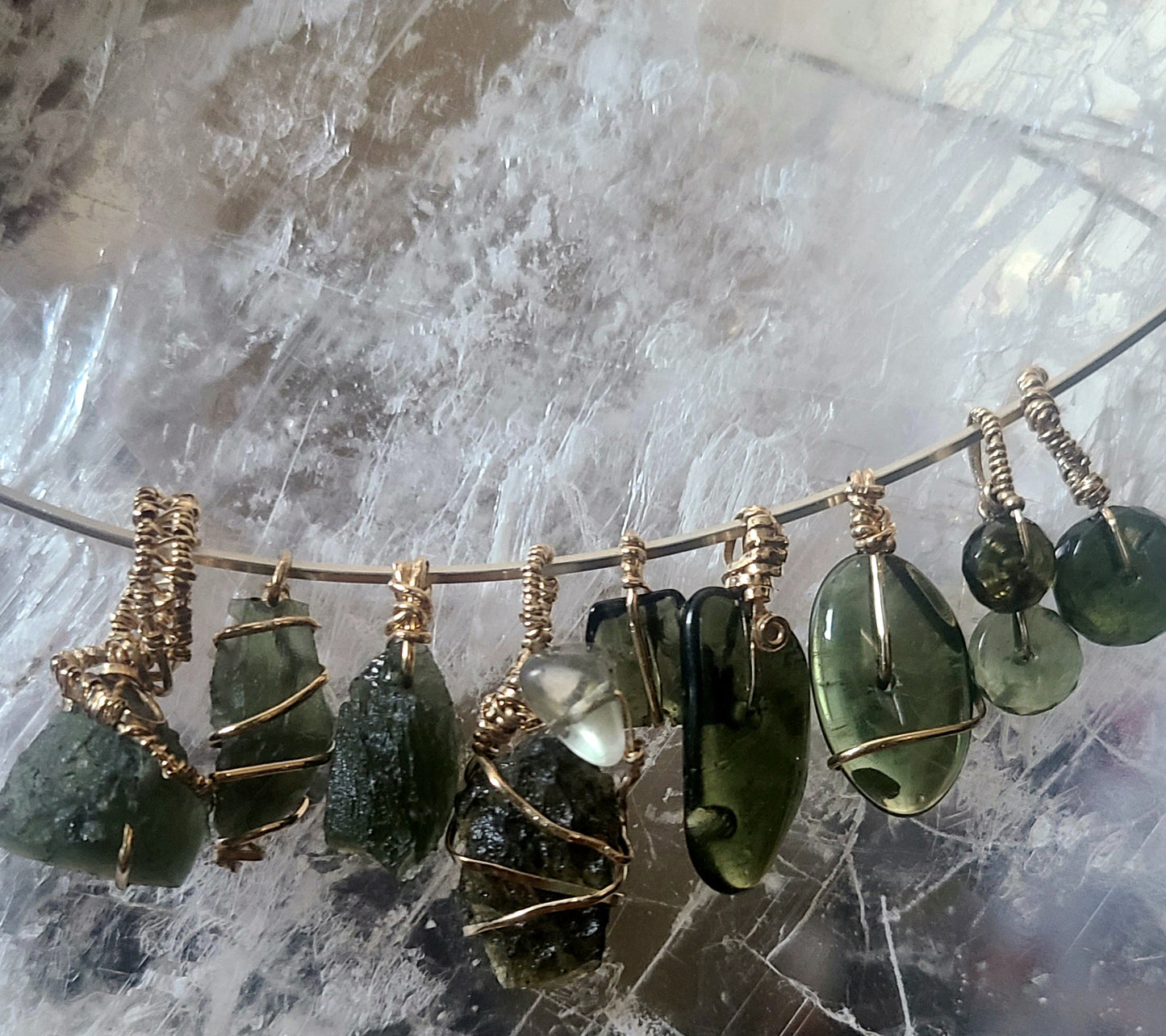 Polished Moldavite Bead Pendant on Gold-Filled Wire