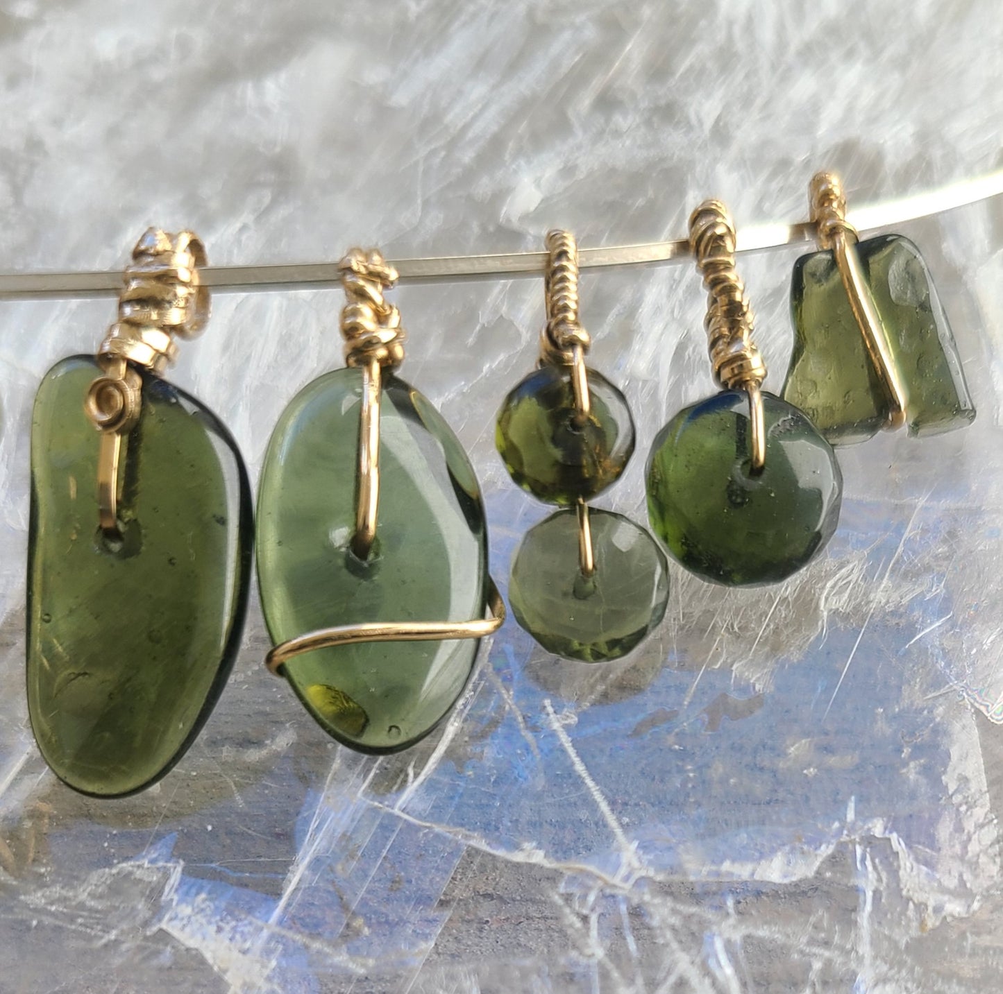 Polished Moldavite Bead Pendant on Gold-Filled Wire