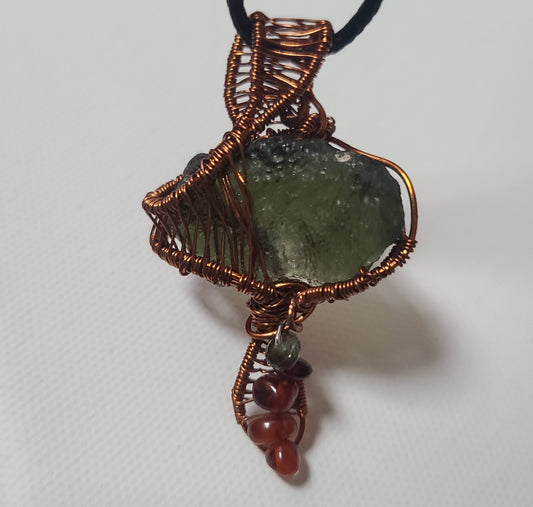 Moldavite Mushroom Pendant with Baltic Amber/Moldavite bead stem charm