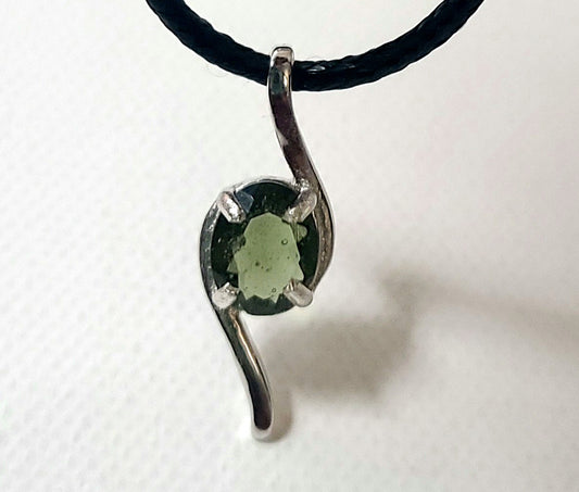 Authentic Faceted Moldavite Pendant in Sterling Silver
