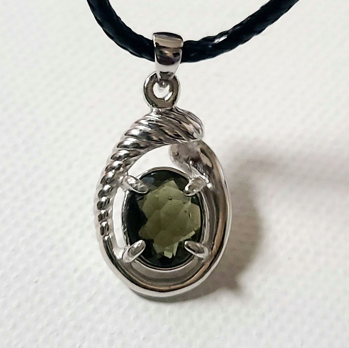 Authentic Bulky Faceted Moldavite Pendant in Sterling Silver