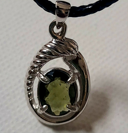 Authentic Bulky Faceted Moldavite Pendant in Sterling Silver