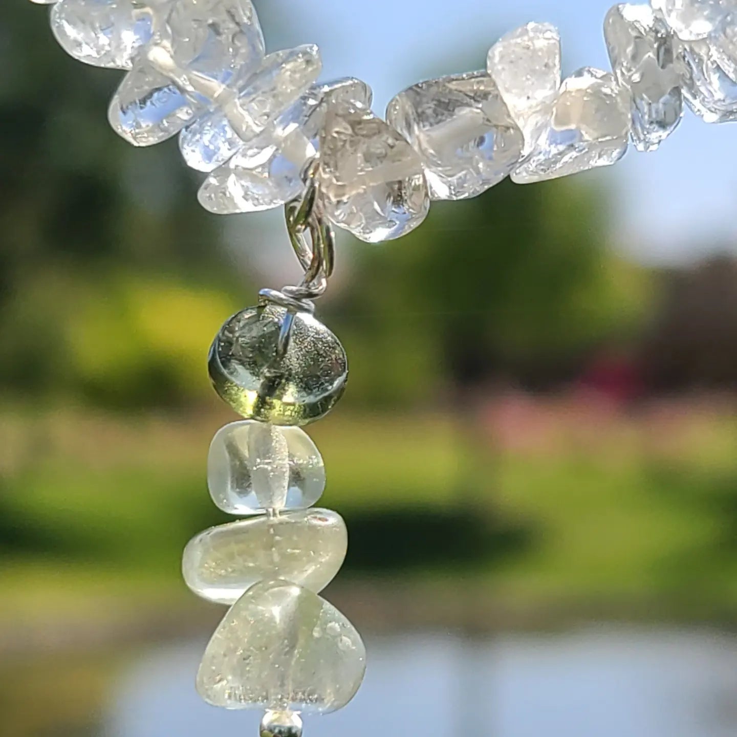 Moldavite and Libyan Desert Glass Charm on a Quartz Bracelet