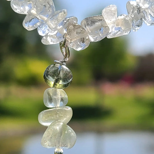 Moldavite and Libyan Desert Glass Charm on a Quartz Bracelet