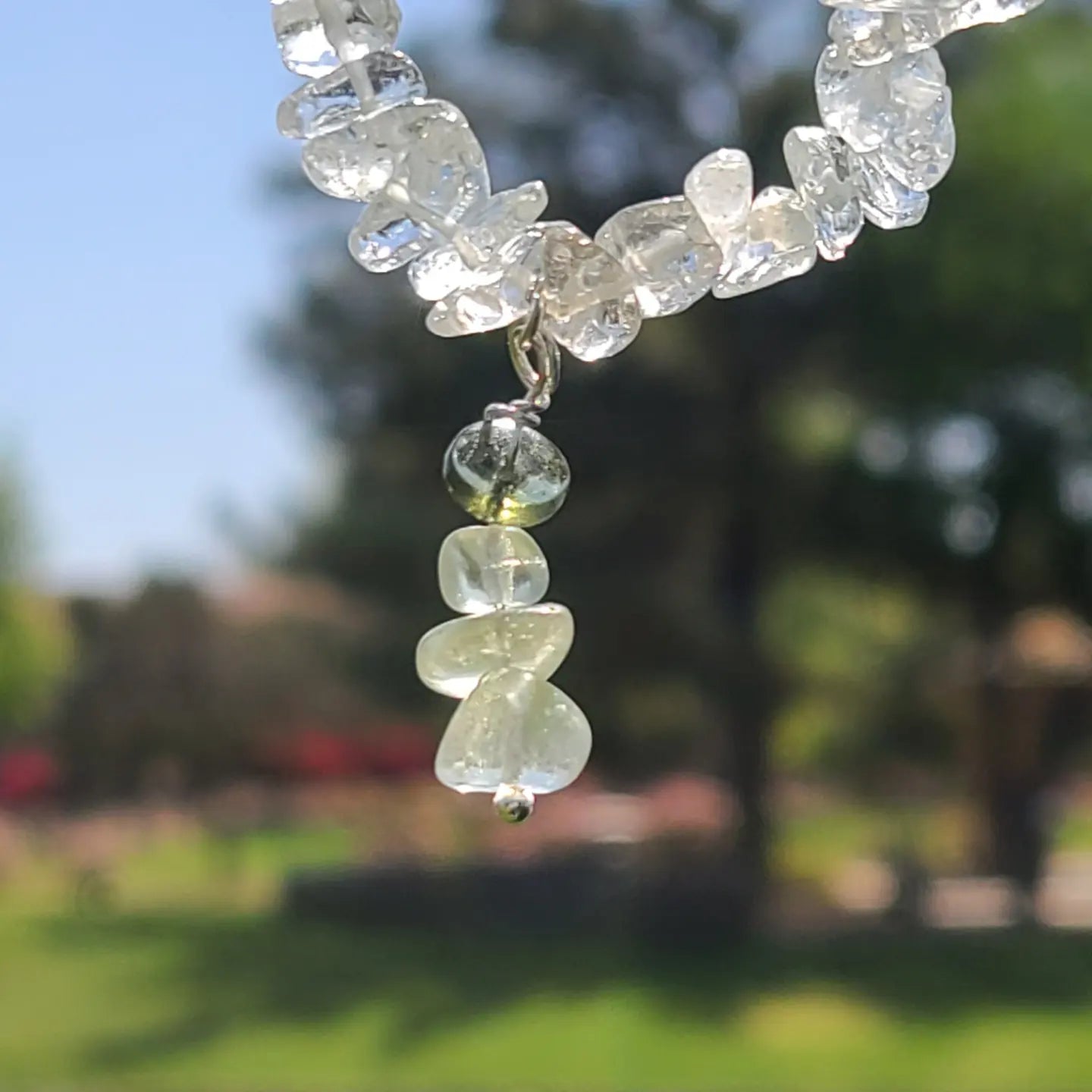 Moldavite and Libyan Desert Glass Charm on a Quartz Bracelet