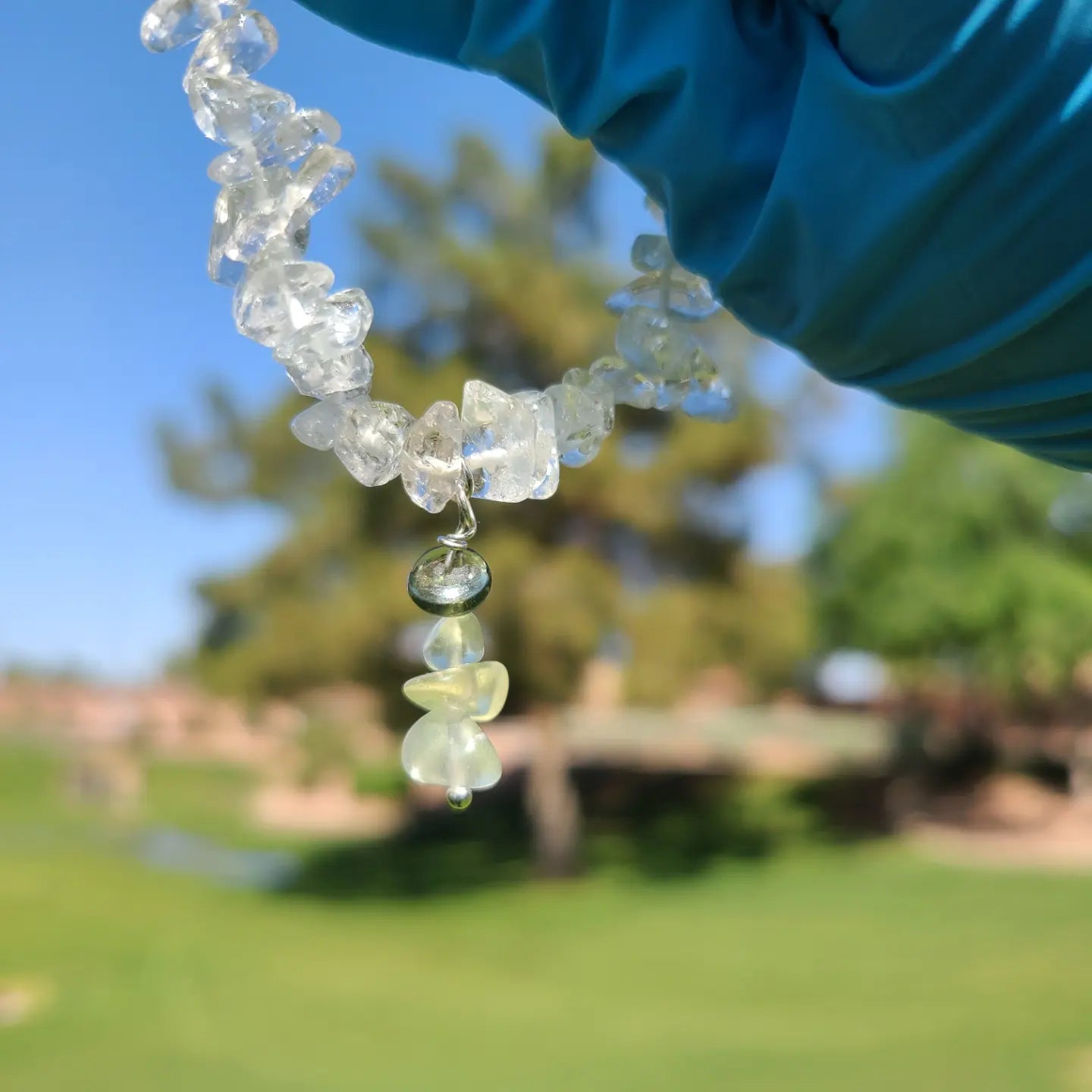 Moldavite and Libyan Desert Glass Charm on a Quartz Bracelet