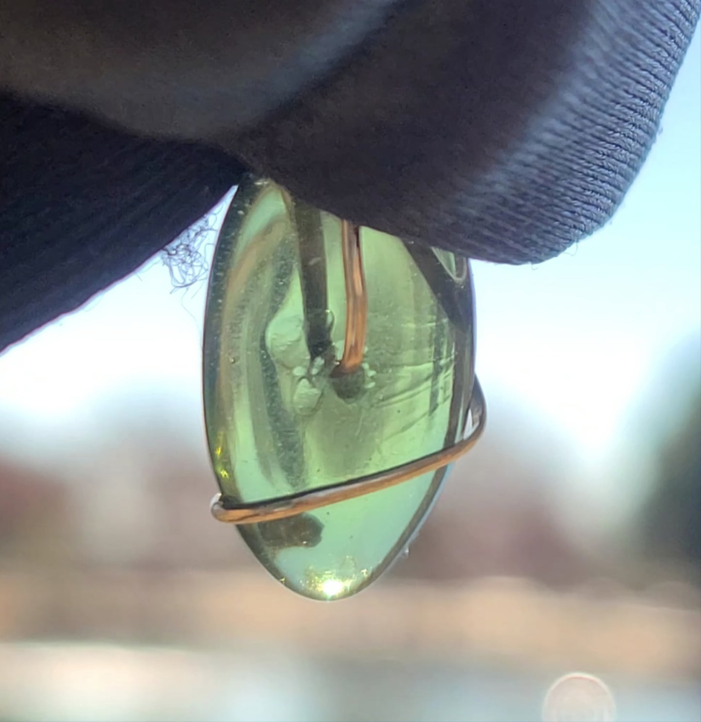 Polished Moldavite Bead Pendant on Gold-Filled Wire