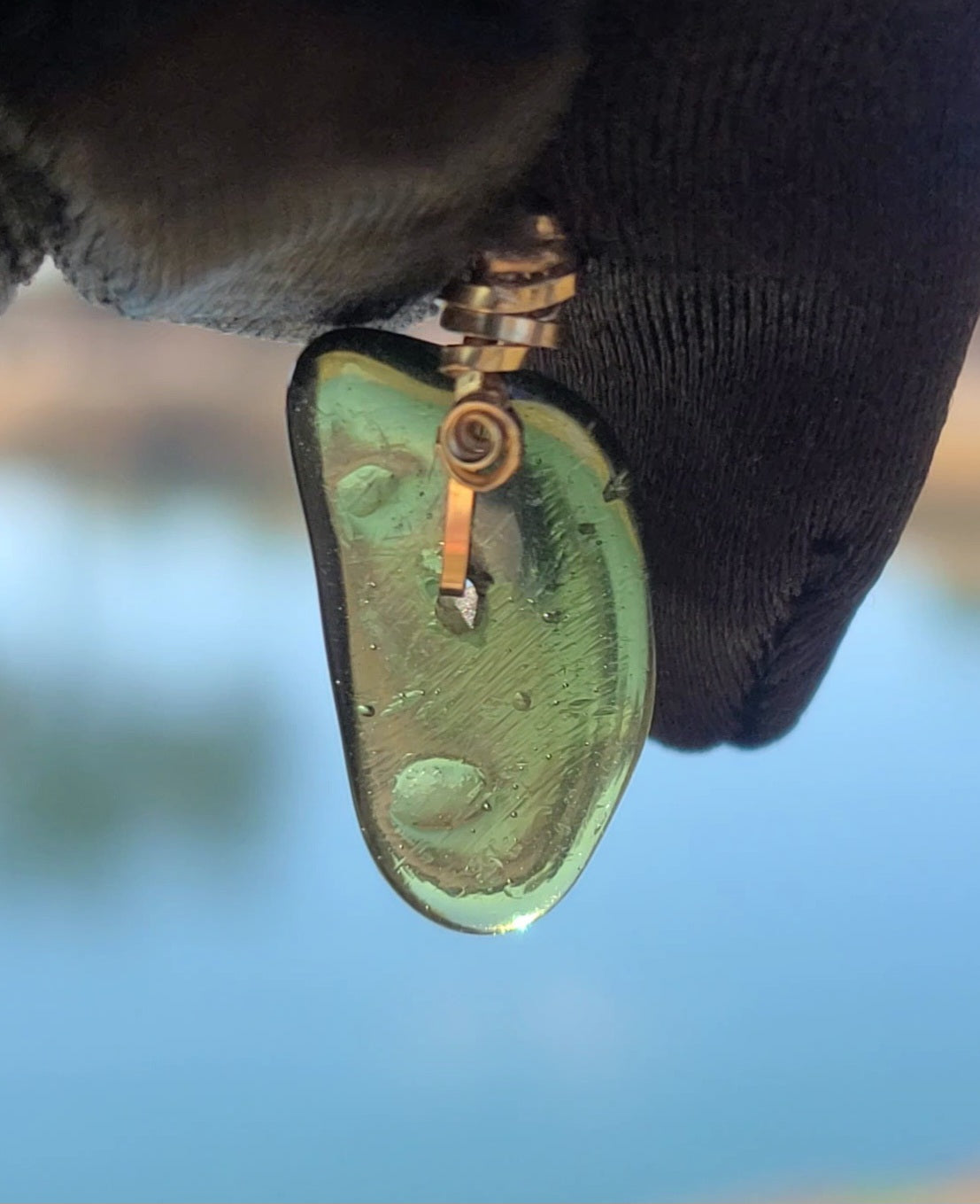 Polished Moldavite Bead Pendant on Gold-Filled Wire